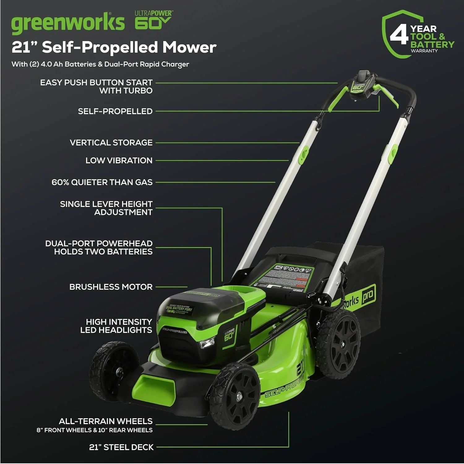 60V 21" Cordless (Self-Propelled) Lawn Mower , 2 x 4.0Ah Batteries and Dual Port Rapid Charger