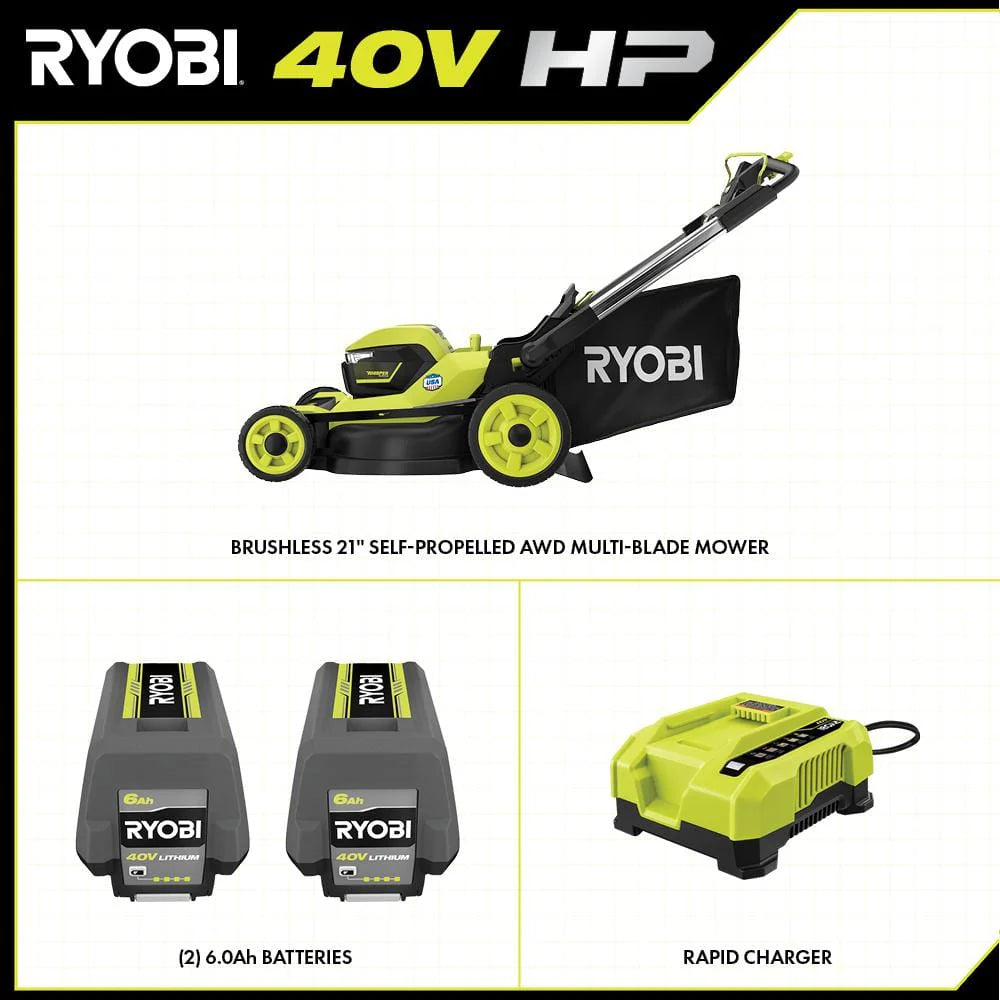 40V HP Brushless Whisper Series 21 Walk Behind Self-Propelled All Wheel Drive Lawn Mower-(2) 6.0 Ah Batteries & Charger