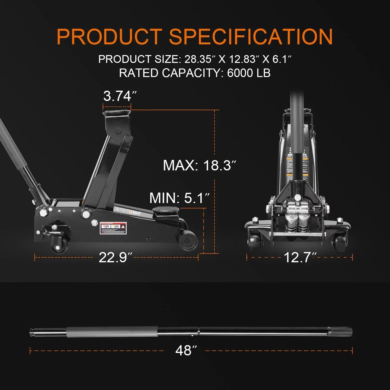 3 Ton Floor Jack Hydraulic Heavy Duty Steel Car Jack with Quick Lift Dual Pump,Black,W8303-B