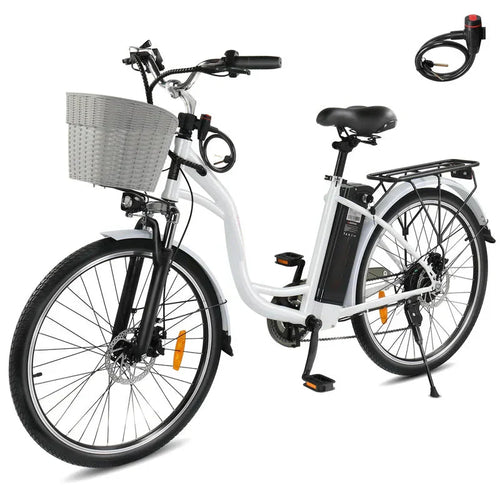 350W Electric Commuter Bike for Adults, 26" Cruiser Ebike with 36V 12.5AH Removable Battery, Shimano 6-Speed, Dual Shock Absorber, Basket