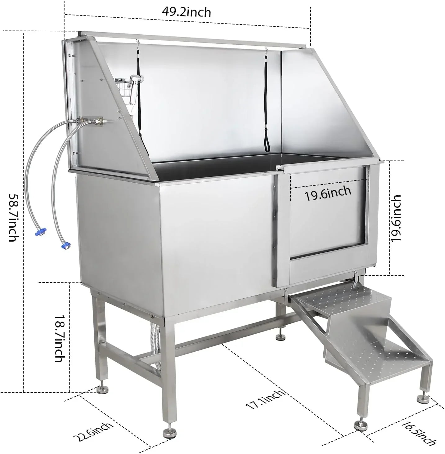 Professional Stainless Steel Dog Grooming Tub with Ramp, Faucet & Sprayer - 50" Pet Wash Station