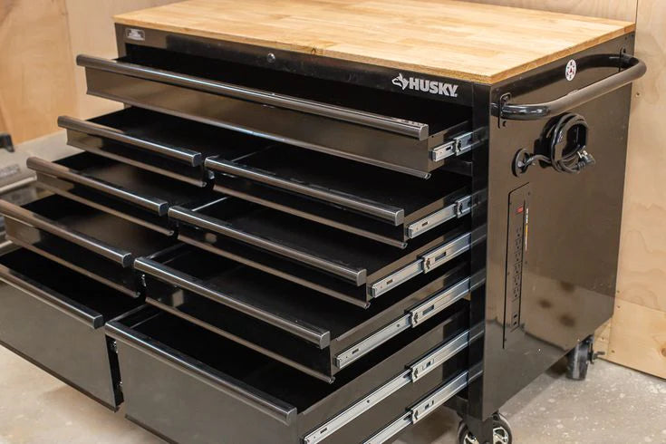 46 in. W x 24.5 in. D 9-Drawer Gloss Black Deep Tool Chest Mobile Workbench with Hardwood Top and Power Station