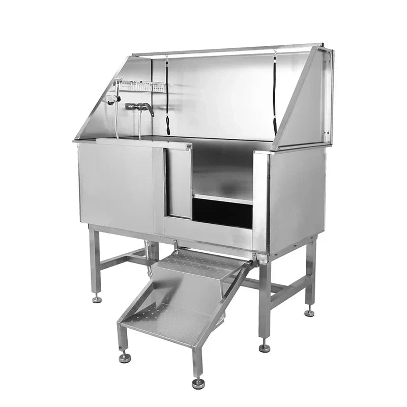 Professional Stainless Steel Dog Grooming Tub with Ramp, Faucet & Sprayer - 50" Pet Wash Station