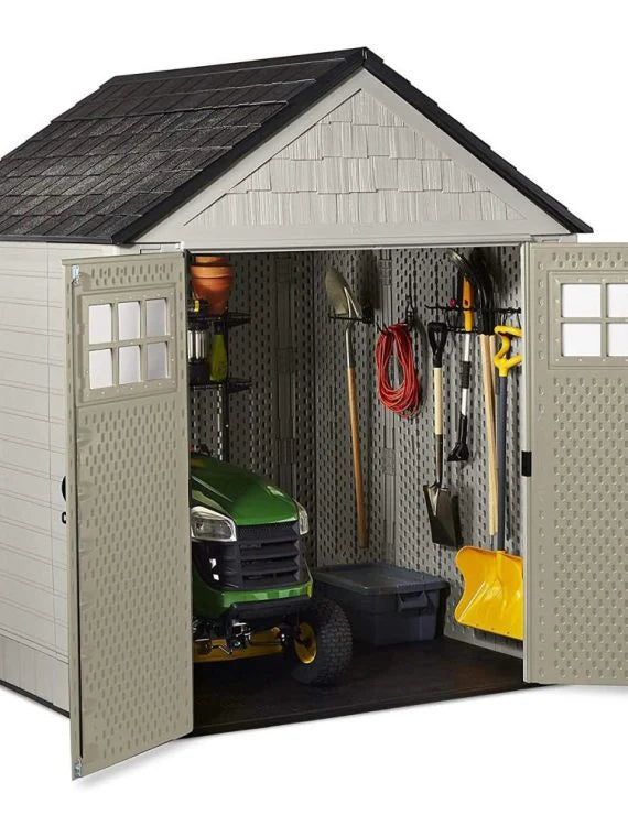 7x7 Ft Durable Weather Resistant Resin Outdoor Garden Storage Shed with Windows and Utility Hooks, Sand