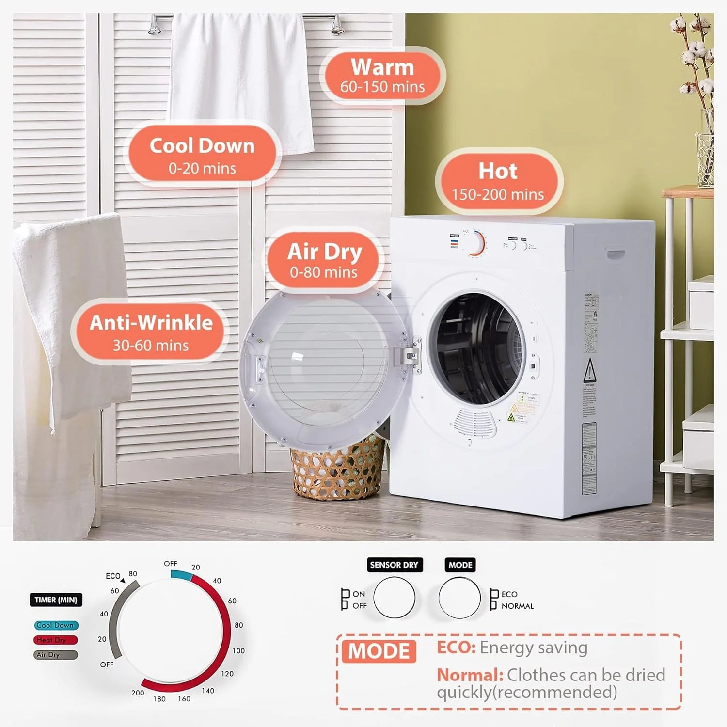 Compact Dryer 1.8 cu. ft. Portable Clothes Dryers with Exhaust Duct
