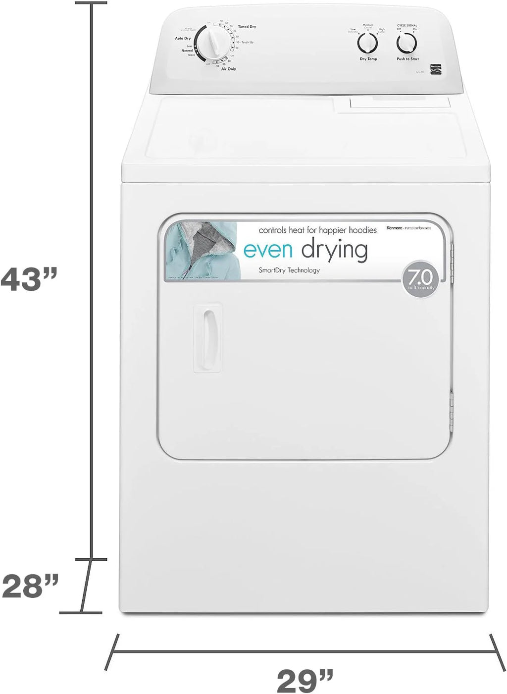 29" Front Load Electric Dryer with Wrinkle Guard and 7.0 Cubic Ft. Total Capacity, White