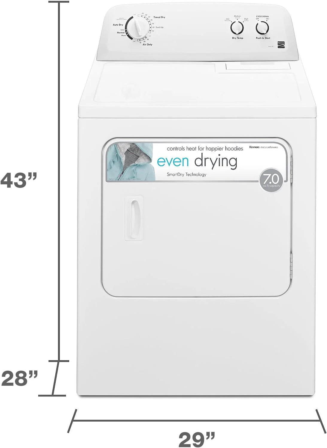 29" Front Load Electric Dryer with Wrinkle Guard and 7.0 Cubic Ft. Total Capacity, White
