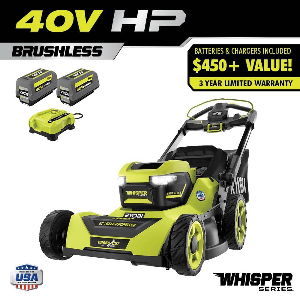 40V HP Brushless Whisper Series 21 Walk Behind Self-Propelled All Wheel Drive Lawn Mower-(2) 6.0 Ah Batteries & Charger