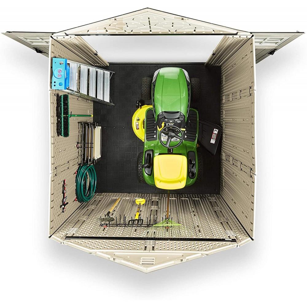 7x7 Ft Durable Weather Resistant Resin Outdoor Garden Storage Shed with Windows and Utility Hooks, Sand