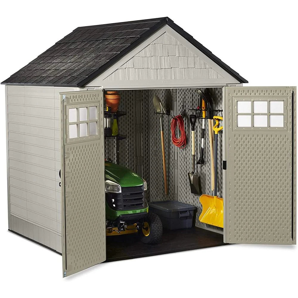 Rubbermaid 7x7 Ft Durable Weather Resistant Resin Outdoor Garden Storage Shed with Windows and Utility Hooks, Sand