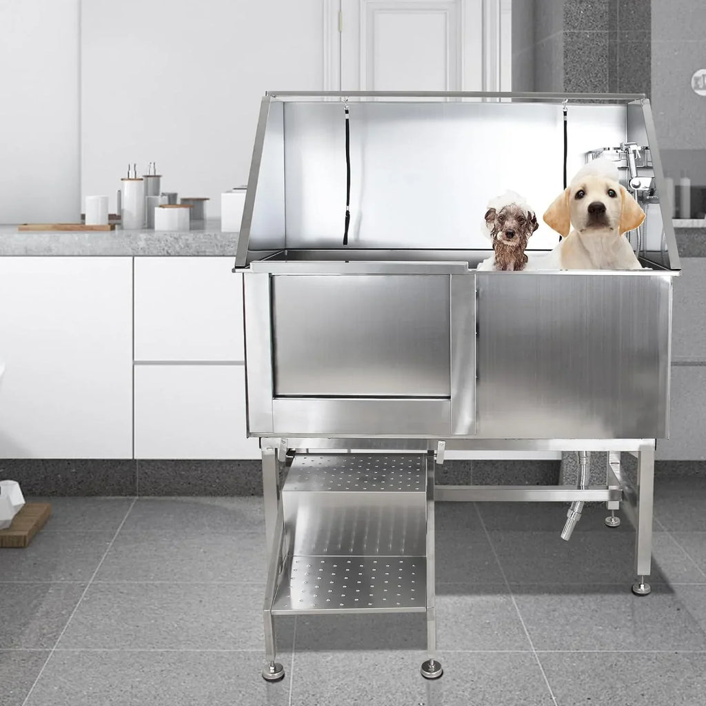 Professional Stainless Steel Dog Grooming Tub with Ramp, Faucet & Sprayer - 50" Pet Wash Station