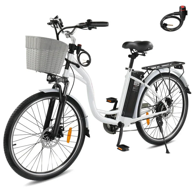 350W Electric Commuter Bike for Adults, 26" Cruiser Ebike with 36V 12.5AH Removable Battery, Shimano 6-Speed, Dual Shock Absorber, Basket
