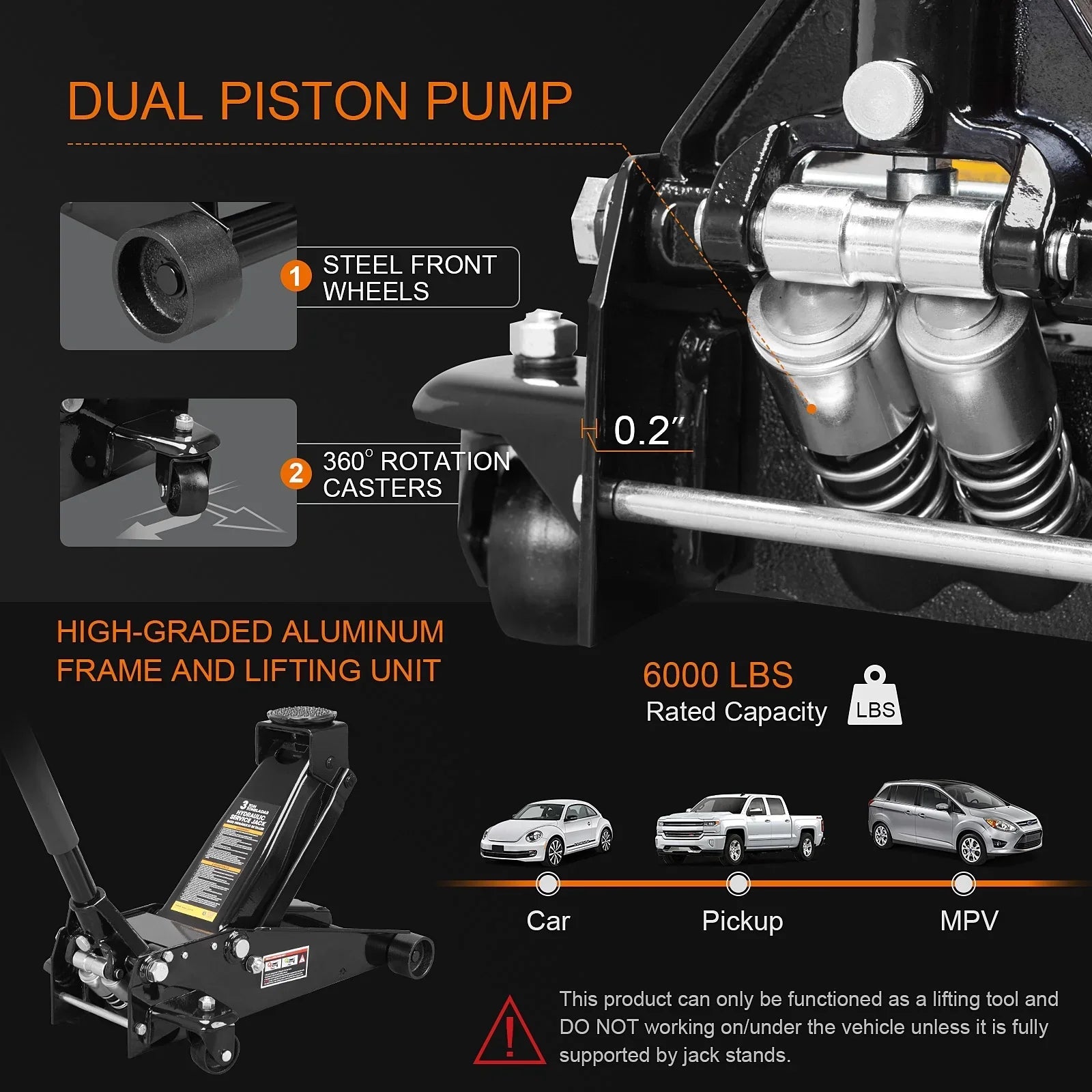 3 Ton Floor Jack Hydraulic Heavy Duty Steel Car Jack with Quick Lift Dual Pump,Black,W8303-B