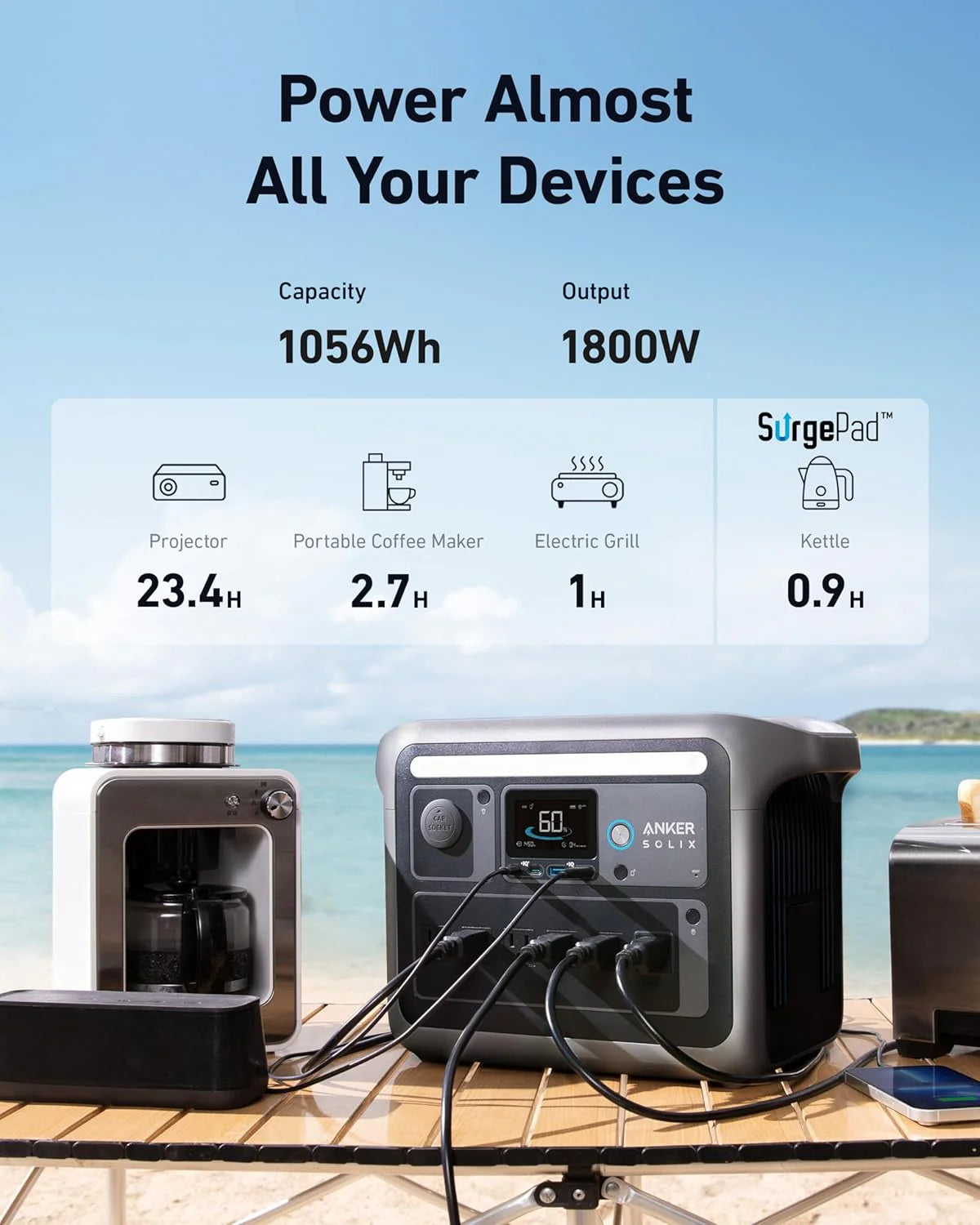 SOLIX C1000 Portable Power Station with 200W Solar Panel, 1800W Solar Generator, 1056wh LFP (LiFePO4) Battery, 6 AC Outlets, Up to 2400W for Home, Power Outages, and Outdoor Camping
